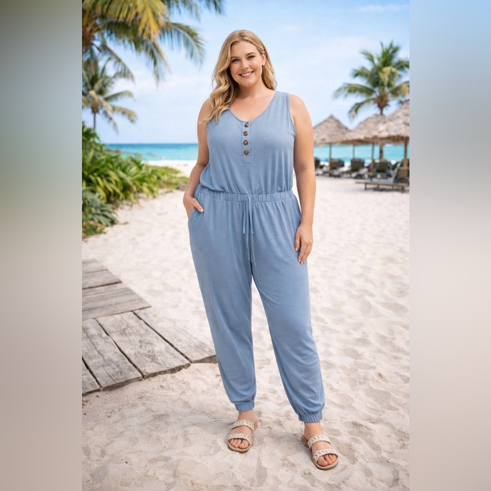 Zenana XL Blue Jogger Jumpsuit Casual Soft Summer Coastal Athleisure Travel XLg